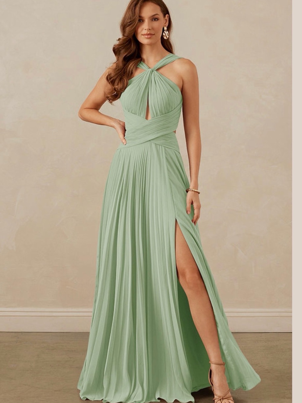 Azazie Mint Green Halter Pleated Maxi Dress